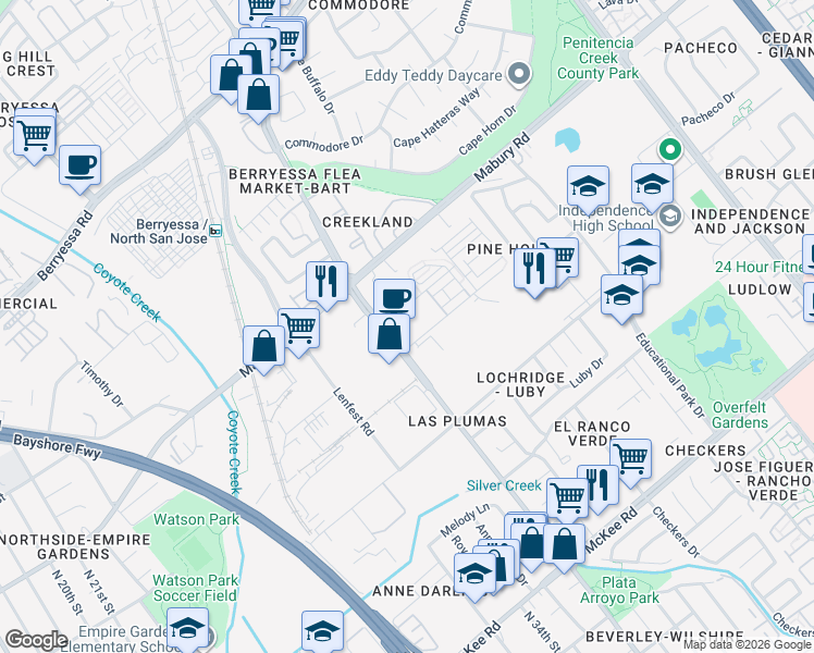 map of restaurants, bars, coffee shops, grocery stores, and more near 1700 Newbury Park Drive in San Jose