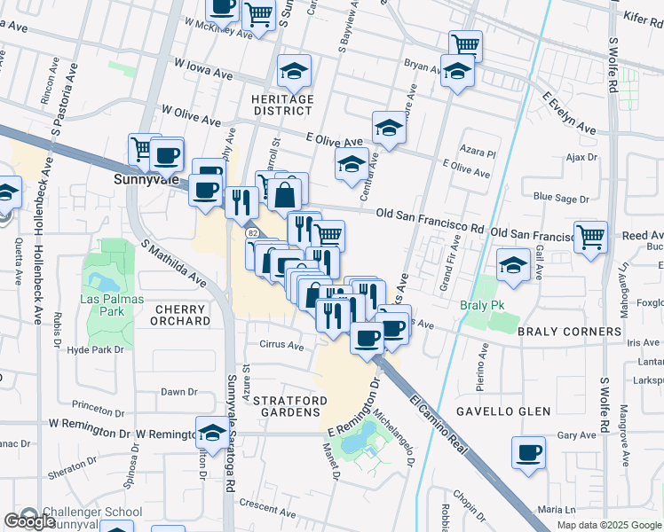 map of restaurants, bars, coffee shops, grocery stores, and more near 429 East El Camino Real in Sunnyvale
