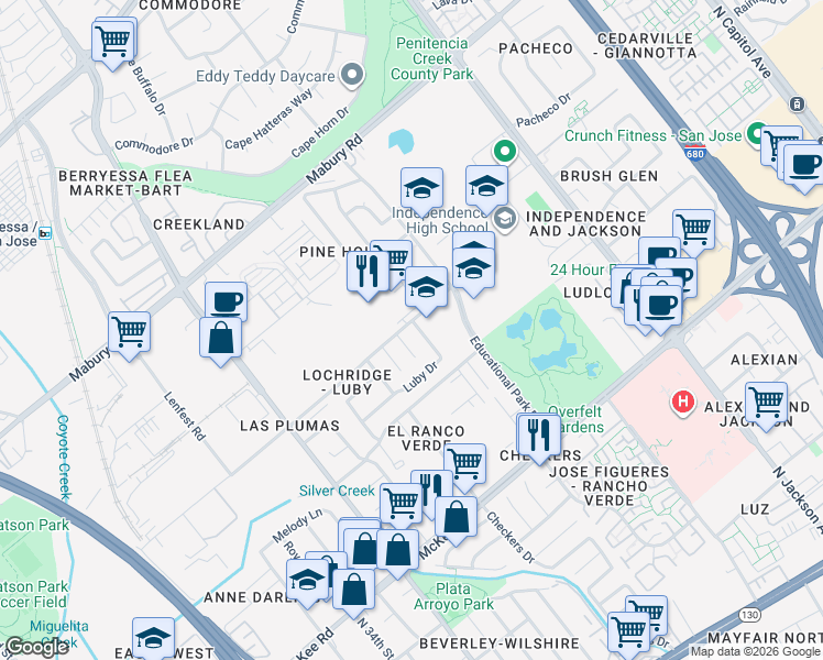 map of restaurants, bars, coffee shops, grocery stores, and more near 1977 Luby Drive in San Jose