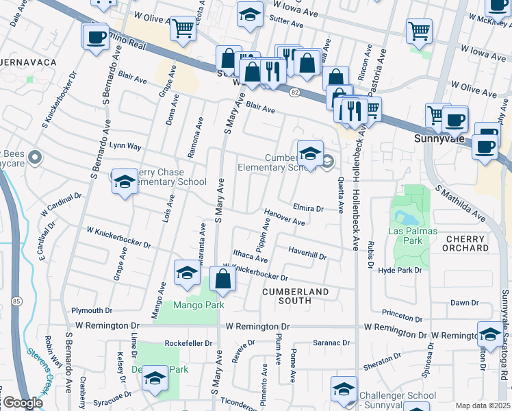 map of restaurants, bars, coffee shops, grocery stores, and more near 857 Peach Avenue in Sunnyvale
