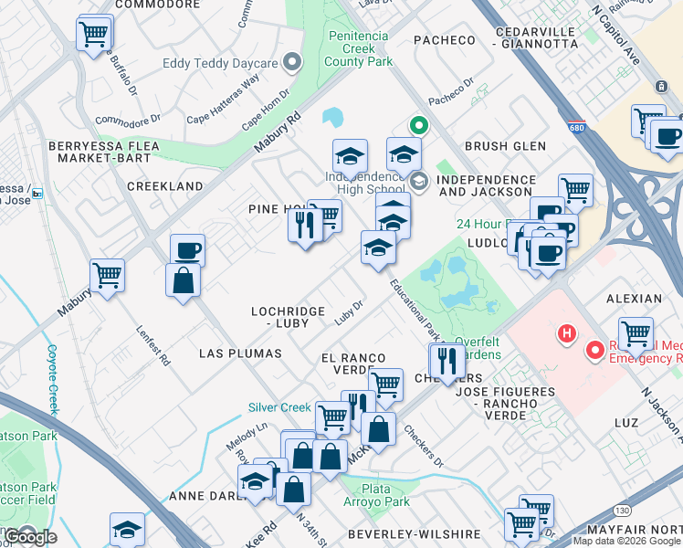 map of restaurants, bars, coffee shops, grocery stores, and more near 1977 Luby Drive in San Jose