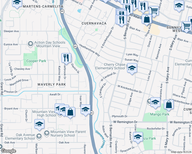 map of restaurants, bars, coffee shops, grocery stores, and more near 936 Mockingbird Lane in Sunnyvale
