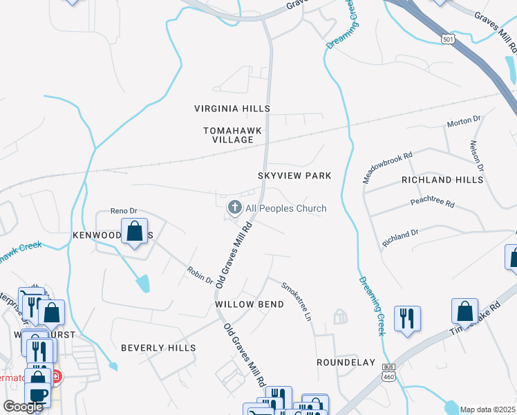 map of restaurants, bars, coffee shops, grocery stores, and more near 743 Old Graves Mill Road in Lynchburg