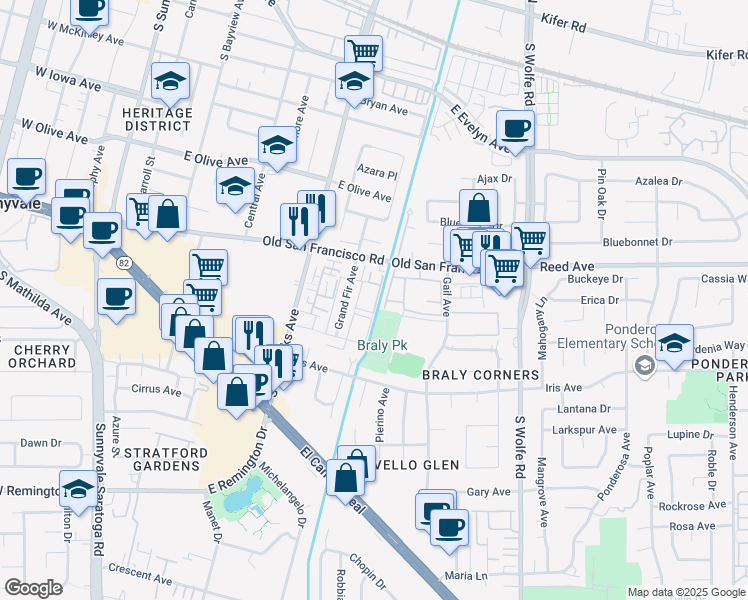 map of restaurants, bars, coffee shops, grocery stores, and more near 680 Bellflower Avenue in Sunnyvale