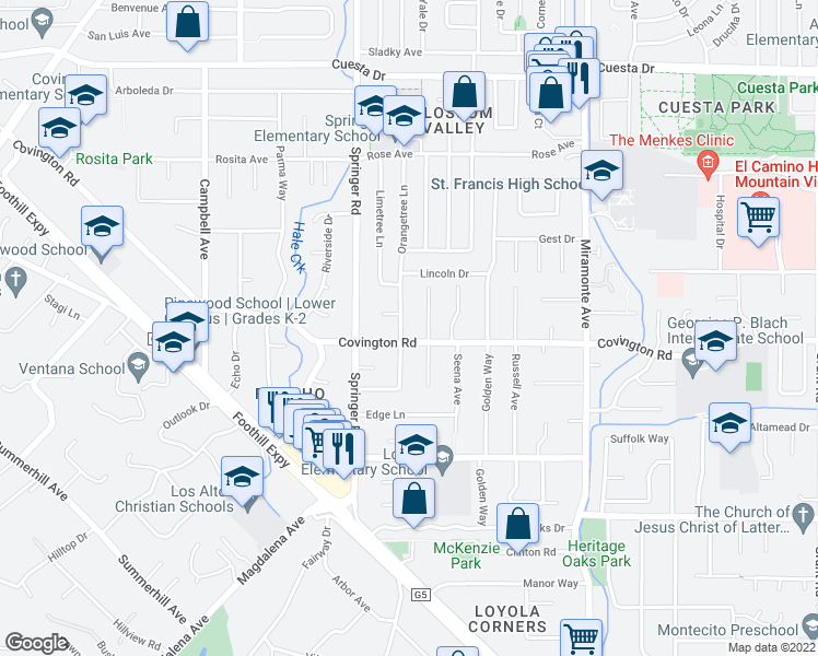 map of restaurants, bars, coffee shops, grocery stores, and more near 977 Spencer Way in Los Altos