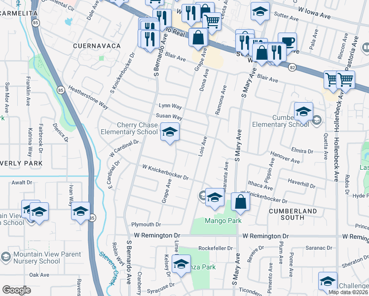 map of restaurants, bars, coffee shops, grocery stores, and more near 1075 Hudson Way in Sunnyvale