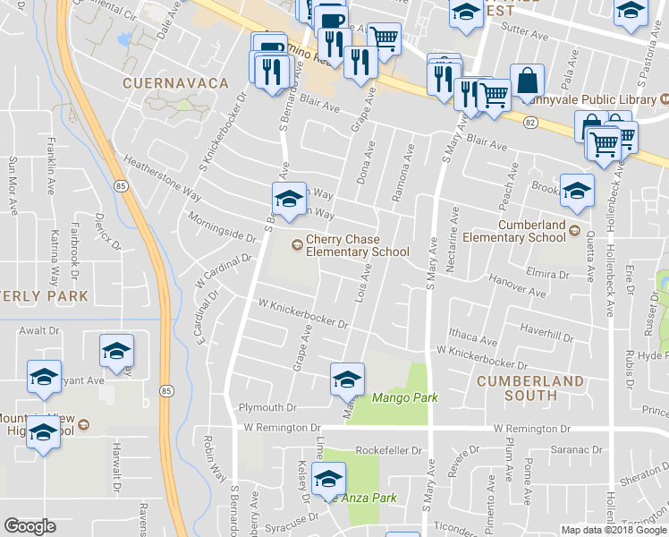 map of restaurants, bars, coffee shops, grocery stores, and more near 1075 Hudson Way in Sunnyvale