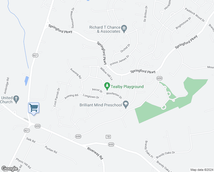 map of restaurants, bars, coffee shops, grocery stores, and more near 15261 Willow Hill Lane in Chesterfield