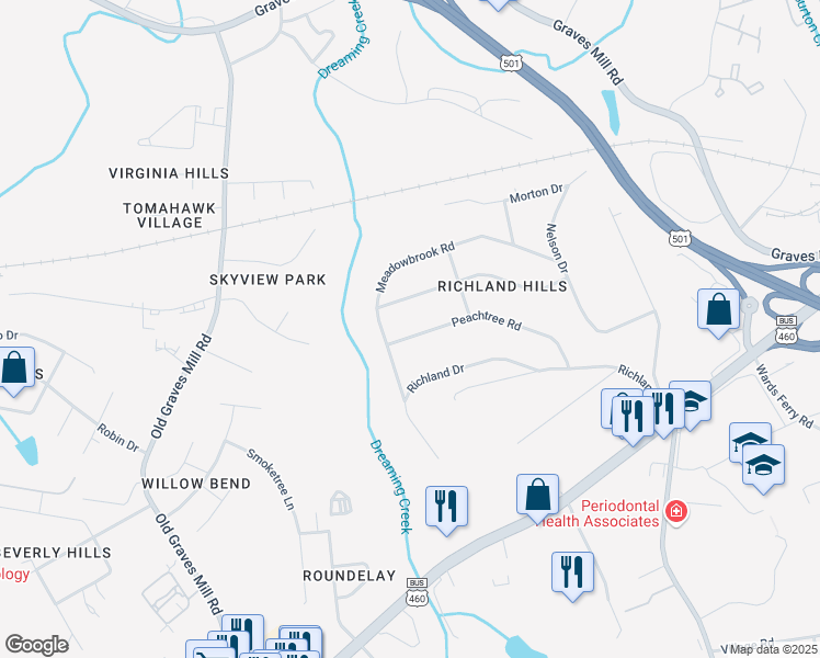 map of restaurants, bars, coffee shops, grocery stores, and more near 7134 Peachtree Road in Lynchburg
