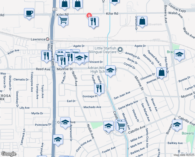 map of restaurants, bars, coffee shops, grocery stores, and more near 2388 Stanford Place in Santa Clara