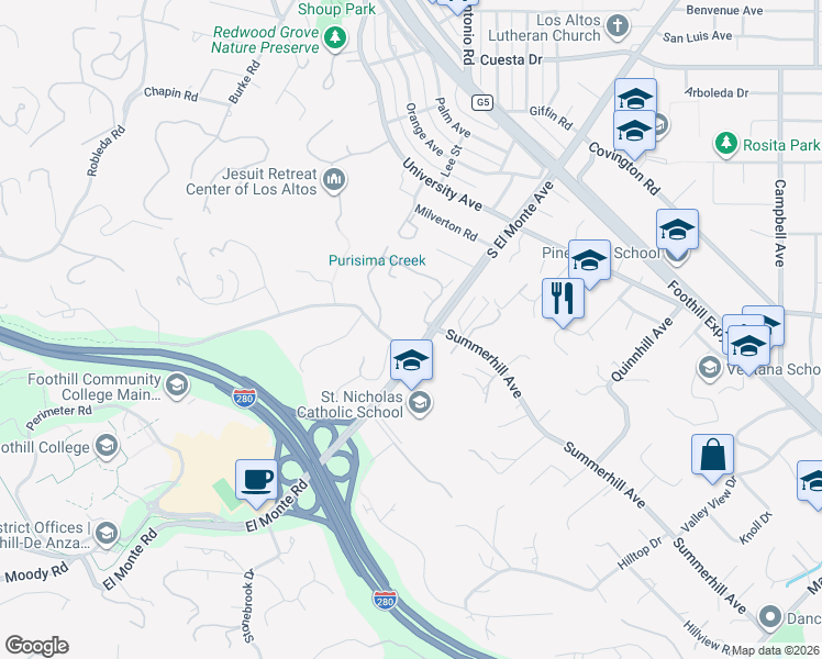 map of restaurants, bars, coffee shops, grocery stores, and more near 4 Bay Tree Lane in Los Altos