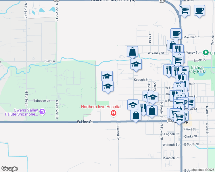 map of restaurants, bars, coffee shops, grocery stores, and more near 800 West Elm Street in Bishop