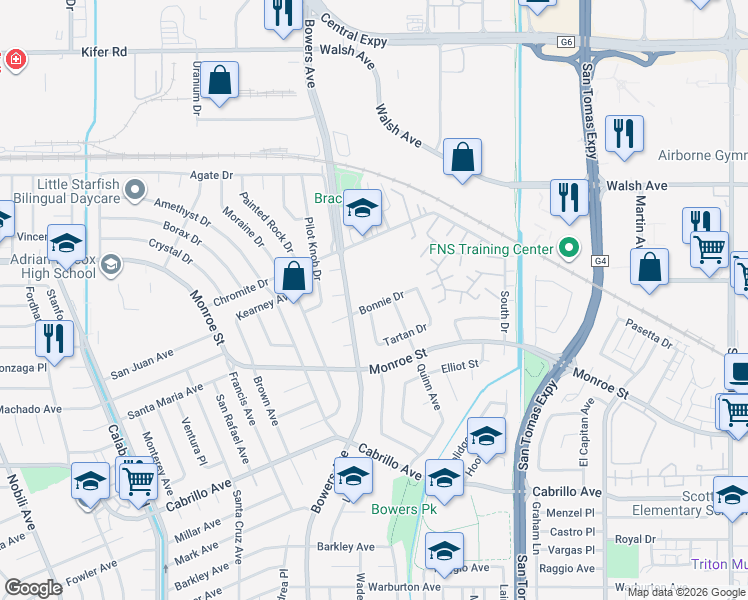 map of restaurants, bars, coffee shops, grocery stores, and more near 2341 Bowers Avenue in Santa Clara