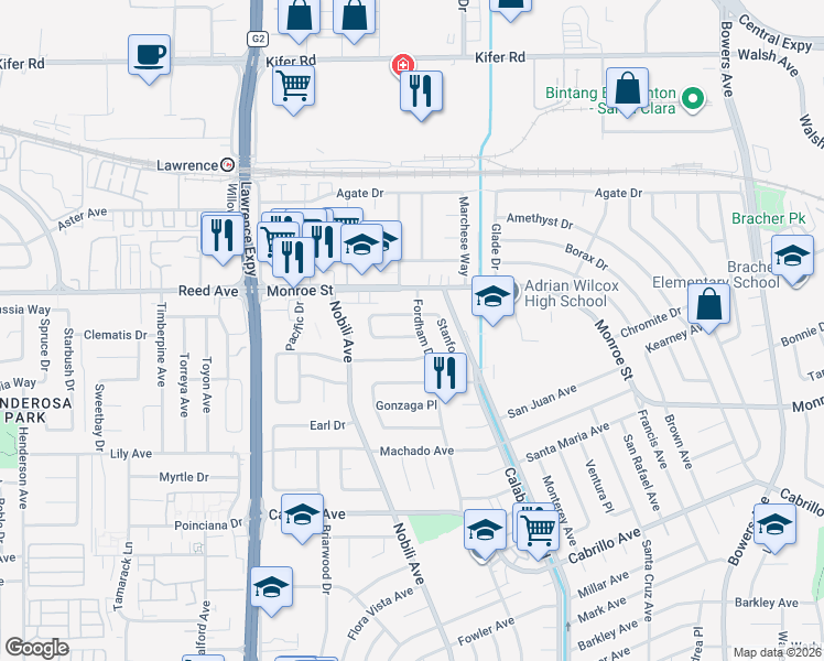 map of restaurants, bars, coffee shops, grocery stores, and more near 3447 Notre Dame Drive in Santa Clara