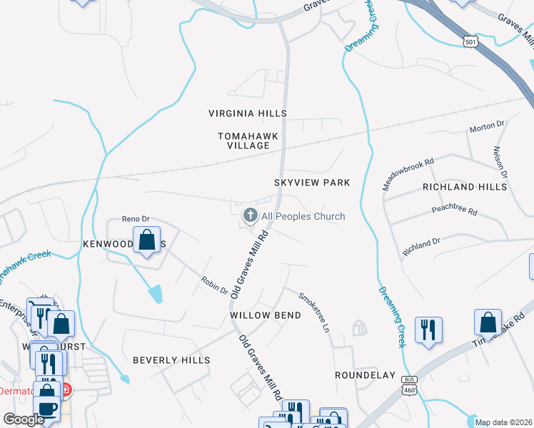 map of restaurants, bars, coffee shops, grocery stores, and more near 743 Old Graves Mill Road in Lynchburg