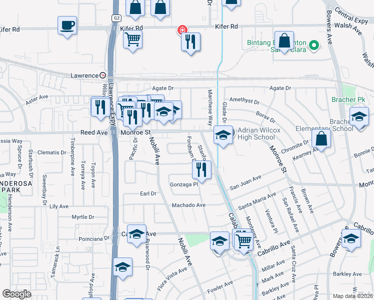 map of restaurants, bars, coffee shops, grocery stores, and more near 3447 Notre Dame Drive in Santa Clara