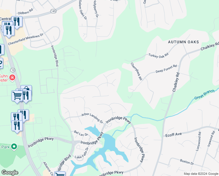 map of restaurants, bars, coffee shops, grocery stores, and more near 6306 Oak Arbor Court in Chester