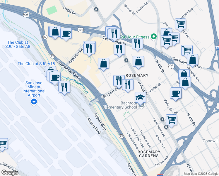 map of restaurants, bars, coffee shops, grocery stores, and more near 1727 Technology Drive in San Jose