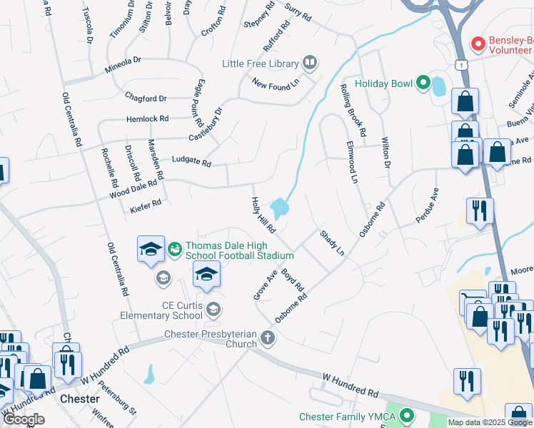 map of restaurants, bars, coffee shops, grocery stores, and more near 11701 Holly Hill Road in Chester