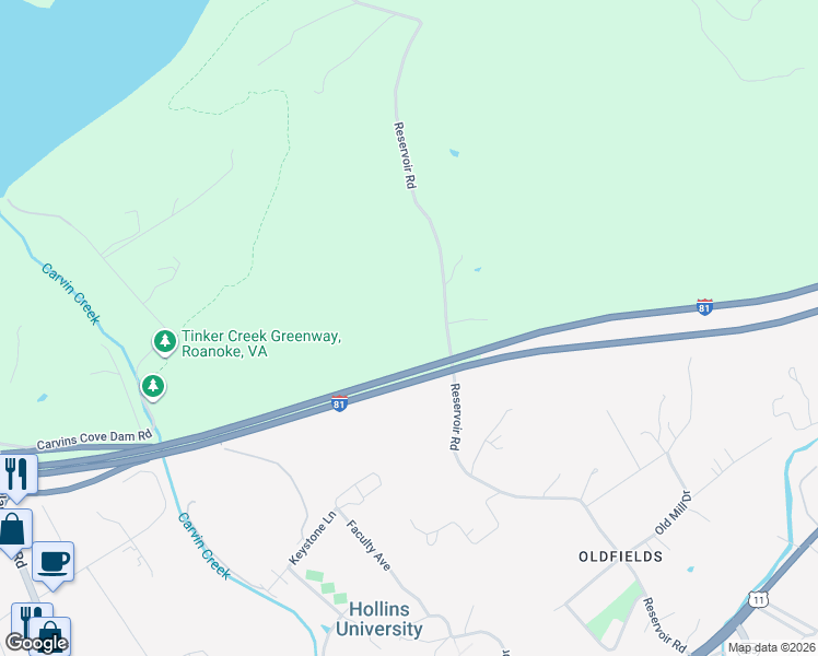 map of restaurants, bars, coffee shops, grocery stores, and more near 8844 Reservoir Road in Roanoke
