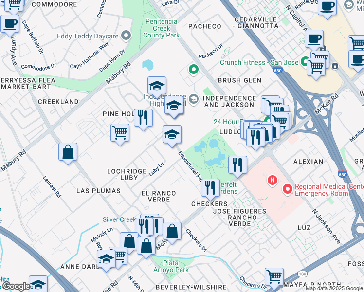map of restaurants, bars, coffee shops, grocery stores, and more near 1772 Educational Park Drive in San Jose