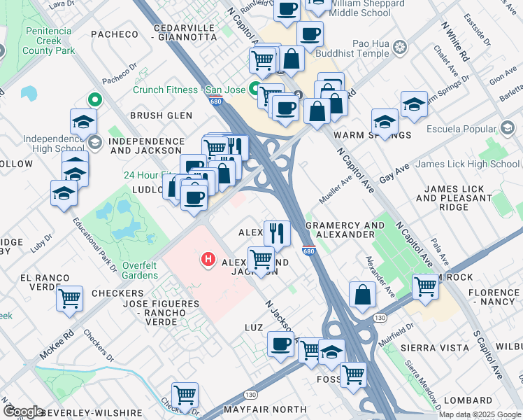 map of restaurants, bars, coffee shops, grocery stores, and more near 236 Montclair Avenue in San Jose