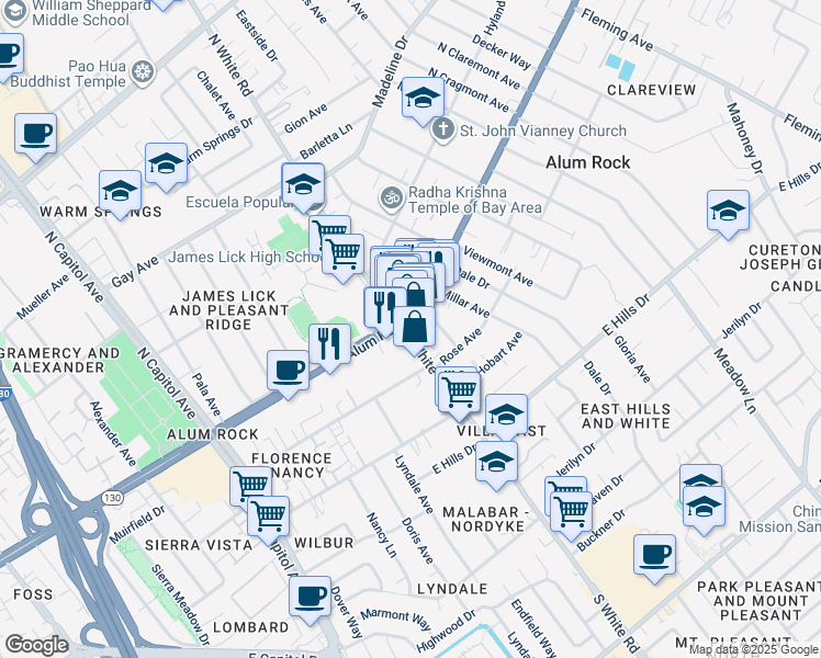 map of restaurants, bars, coffee shops, grocery stores, and more near 50 South White Road in San Jose