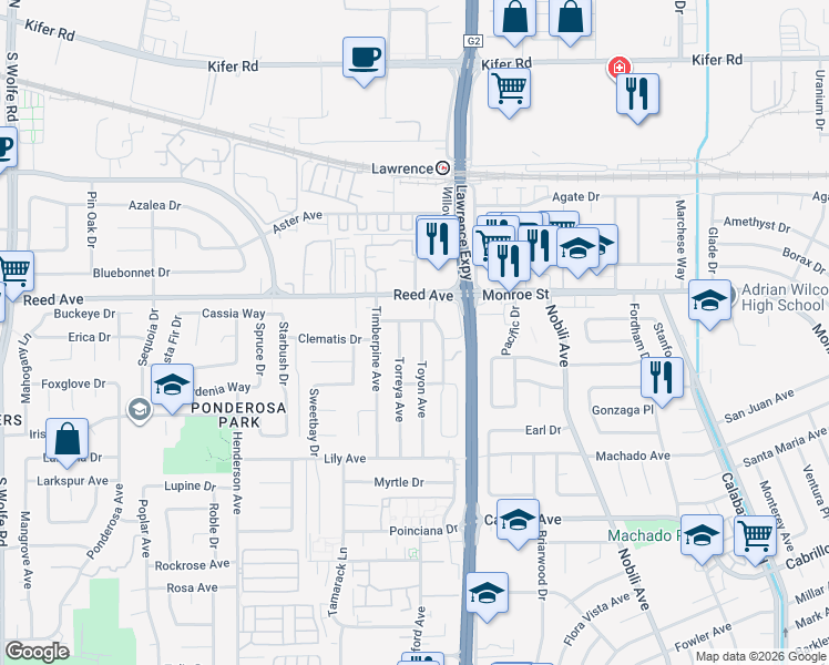 map of restaurants, bars, coffee shops, grocery stores, and more near 671 Toyon Avenue in Sunnyvale