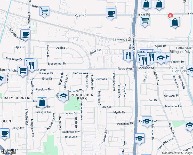 map of restaurants, bars, coffee shops, grocery stores, and more near 1075 Cornflower Court in Sunnyvale