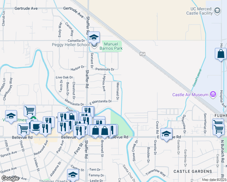 map of restaurants, bars, coffee shops, grocery stores, and more near 3094 Waterfall Drive in Atwater