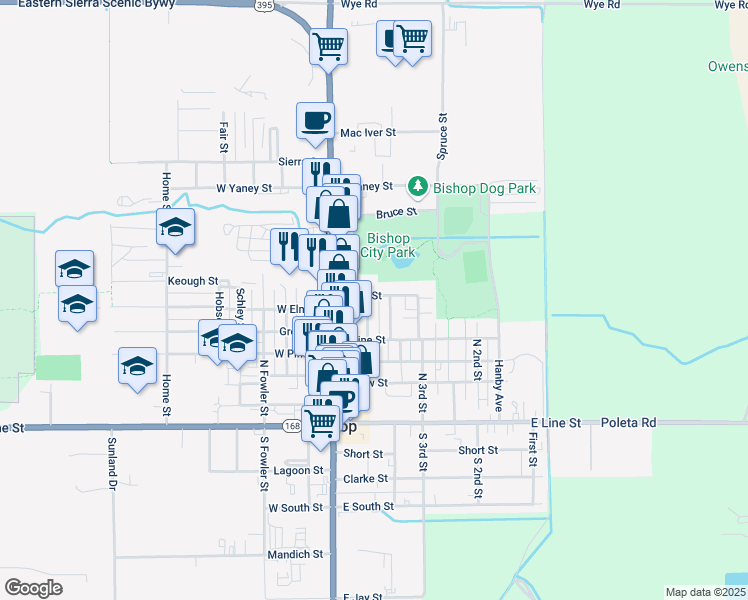 map of restaurants, bars, coffee shops, grocery stores, and more near 550 Central Street in Bishop