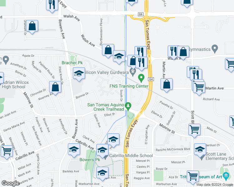 map of restaurants, bars, coffee shops, grocery stores, and more near 2444 Fairview Lane in Santa Clara