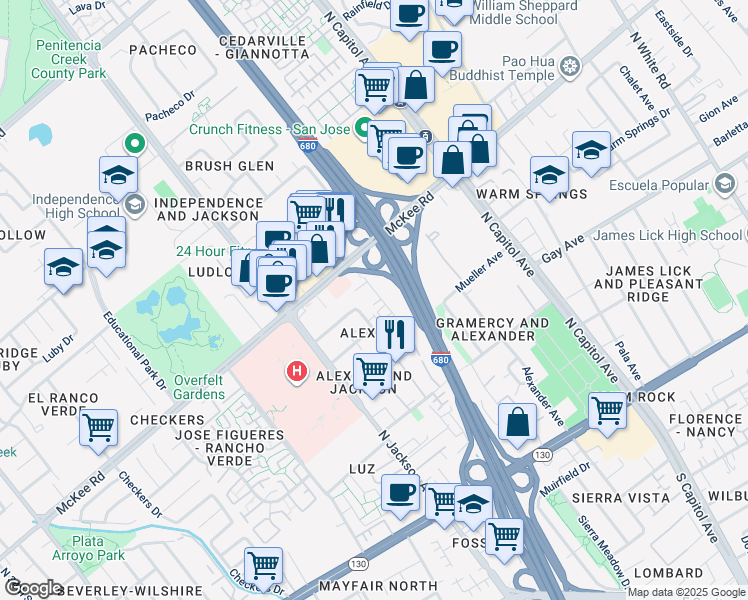 map of restaurants, bars, coffee shops, grocery stores, and more near 236 Montclair Avenue in San Jose