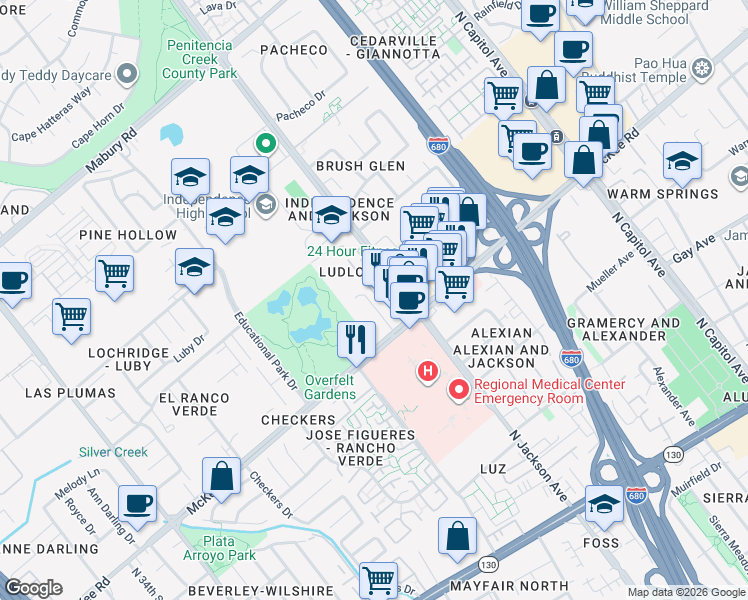 map of restaurants, bars, coffee shops, grocery stores, and more near 368 Educational Park Drive in San Jose