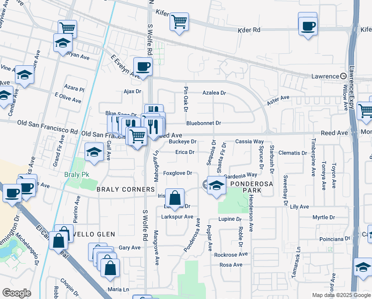 map of restaurants, bars, coffee shops, grocery stores, and more near 767 Privet Court in Sunnyvale