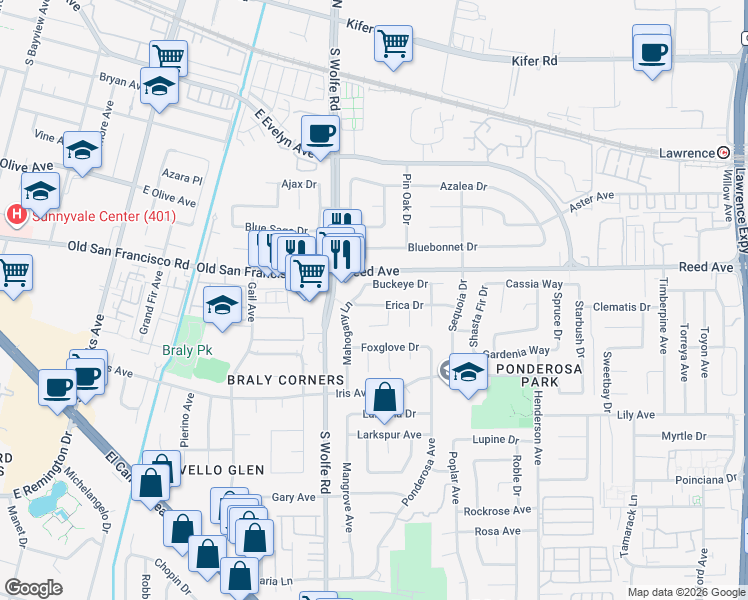 map of restaurants, bars, coffee shops, grocery stores, and more near 949 Mesa Oak Court in Sunnyvale