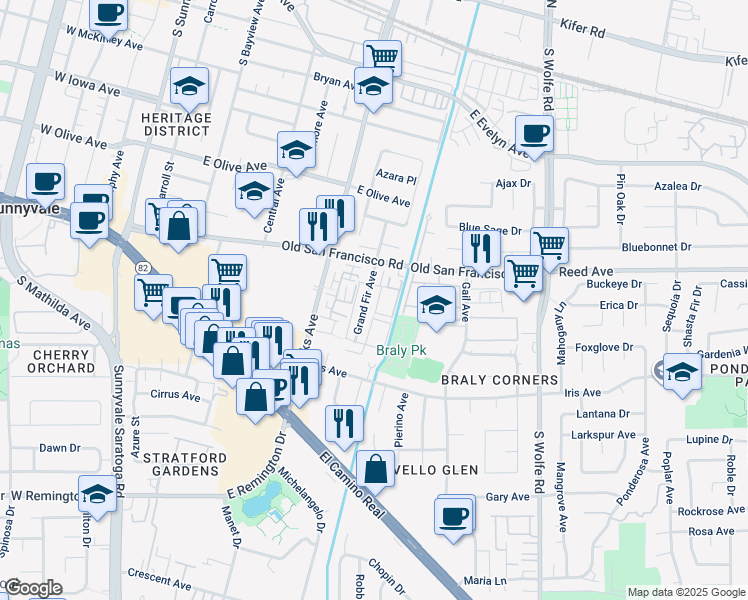 map of restaurants, bars, coffee shops, grocery stores, and more near 669 Grand Fir Avenue in Sunnyvale