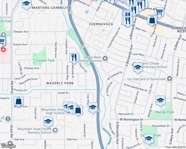 map of restaurants, bars, coffee shops, grocery stores, and more near 1312 Belshaw Drive in Mountain View