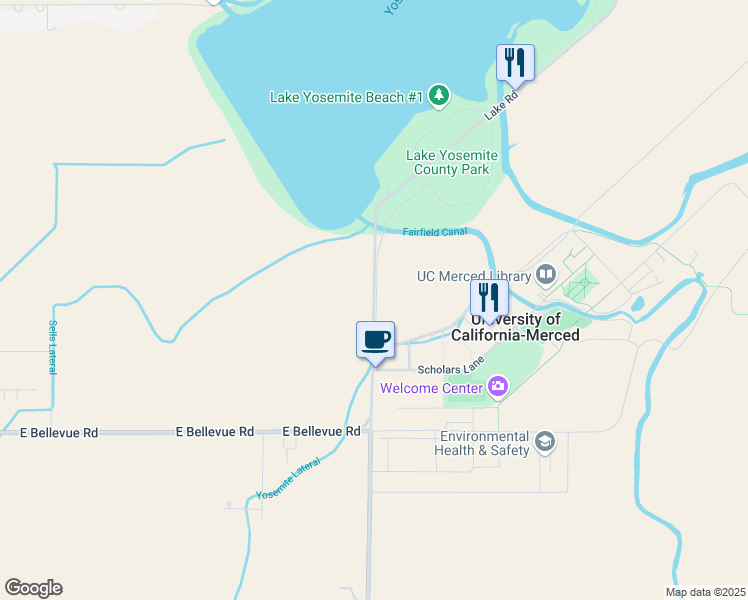 map of restaurants, bars, coffee shops, grocery stores, and more near 5203 Lake Road in Merced