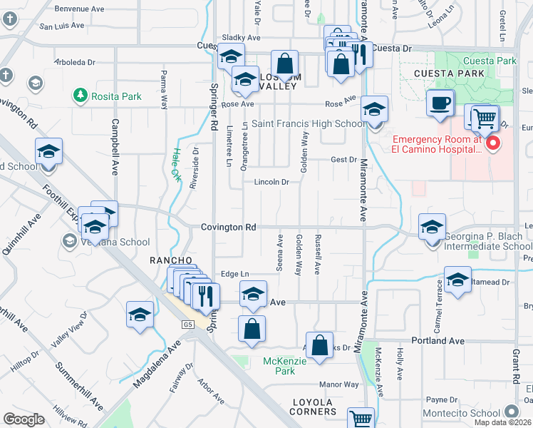 map of restaurants, bars, coffee shops, grocery stores, and more near 1014 Seena Avenue in Los Altos