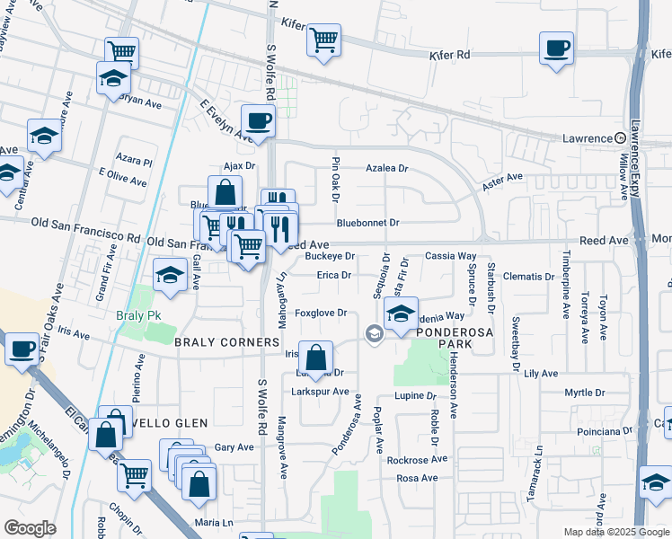 map of restaurants, bars, coffee shops, grocery stores, and more near 767 Privet Court in Sunnyvale