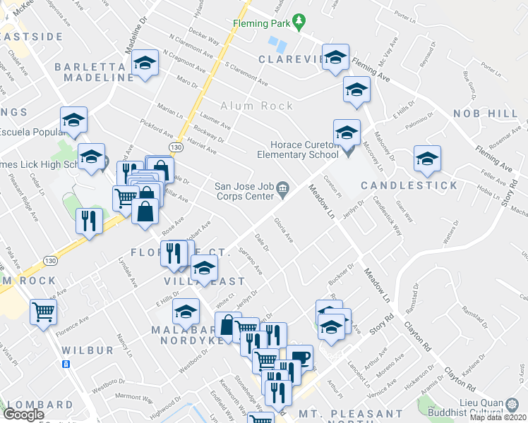 map of restaurants, bars, coffee shops, grocery stores, and more near 3399 East Hills Drive in San Jose