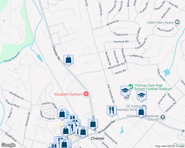 map of restaurants, bars, coffee shops, grocery stores, and more near 11521 Chester Road in Chester