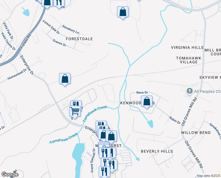 map of restaurants, bars, coffee shops, grocery stores, and more near 510 Little Creek Road in Lynchburg