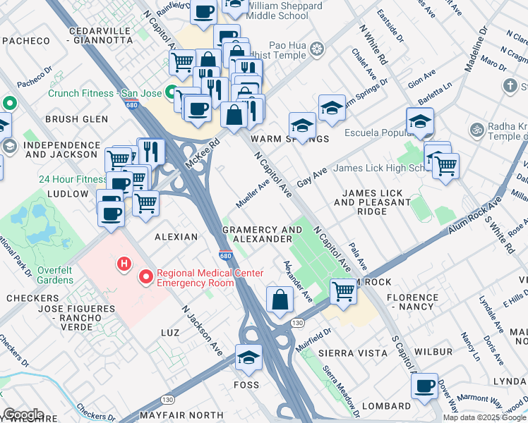 map of restaurants, bars, coffee shops, grocery stores, and more near 2634 Mueller Avenue in San Jose