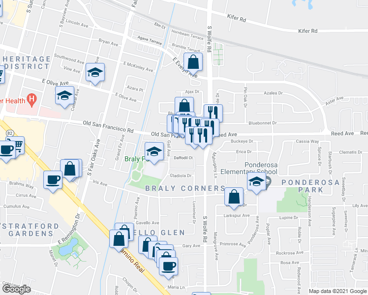 map of restaurants, bars, coffee shops, grocery stores, and more near 878 Old San Francisco Road in Sunnyvale