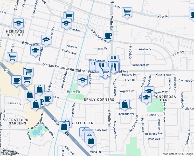 map of restaurants, bars, coffee shops, grocery stores, and more near 878 Old San Francisco Road in Sunnyvale