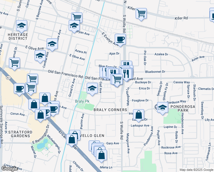 map of restaurants, bars, coffee shops, grocery stores, and more near 878 Old San Francisco Road in Sunnyvale