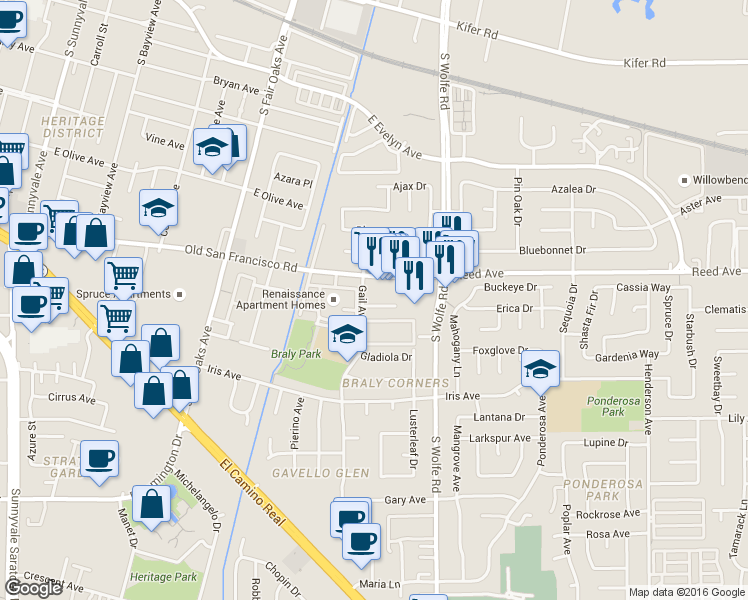 map of restaurants, bars, coffee shops, grocery stores, and more near 718 Old San Francisco Road in Sunnyvale