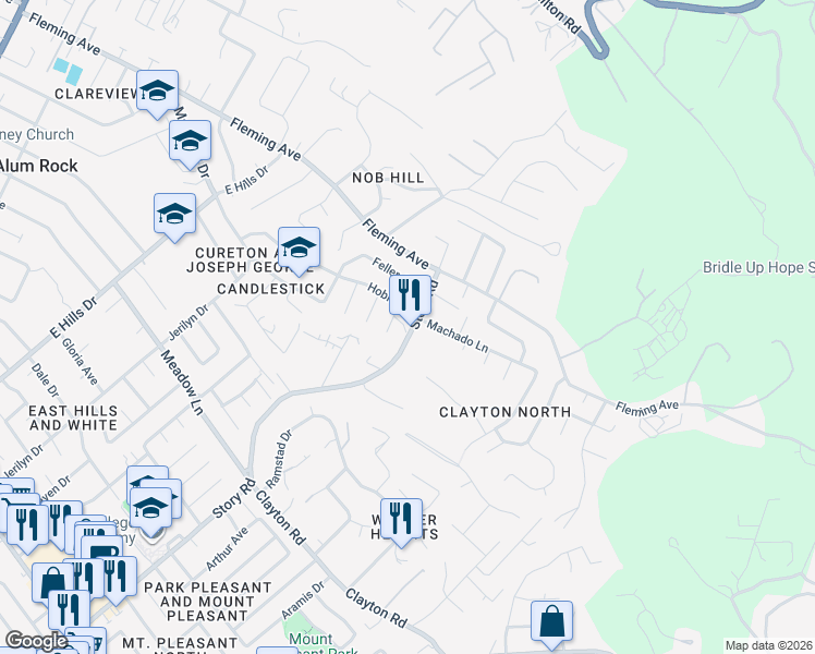 map of restaurants, bars, coffee shops, grocery stores, and more near 3561 Story Road in San Jose